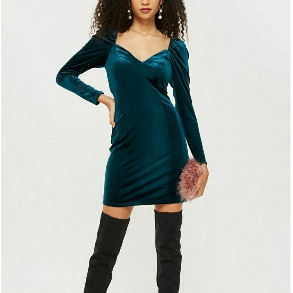 TOPSHOP SWEETHEART NECK VELVET BODYCON DRESS - Picture 1 of 8